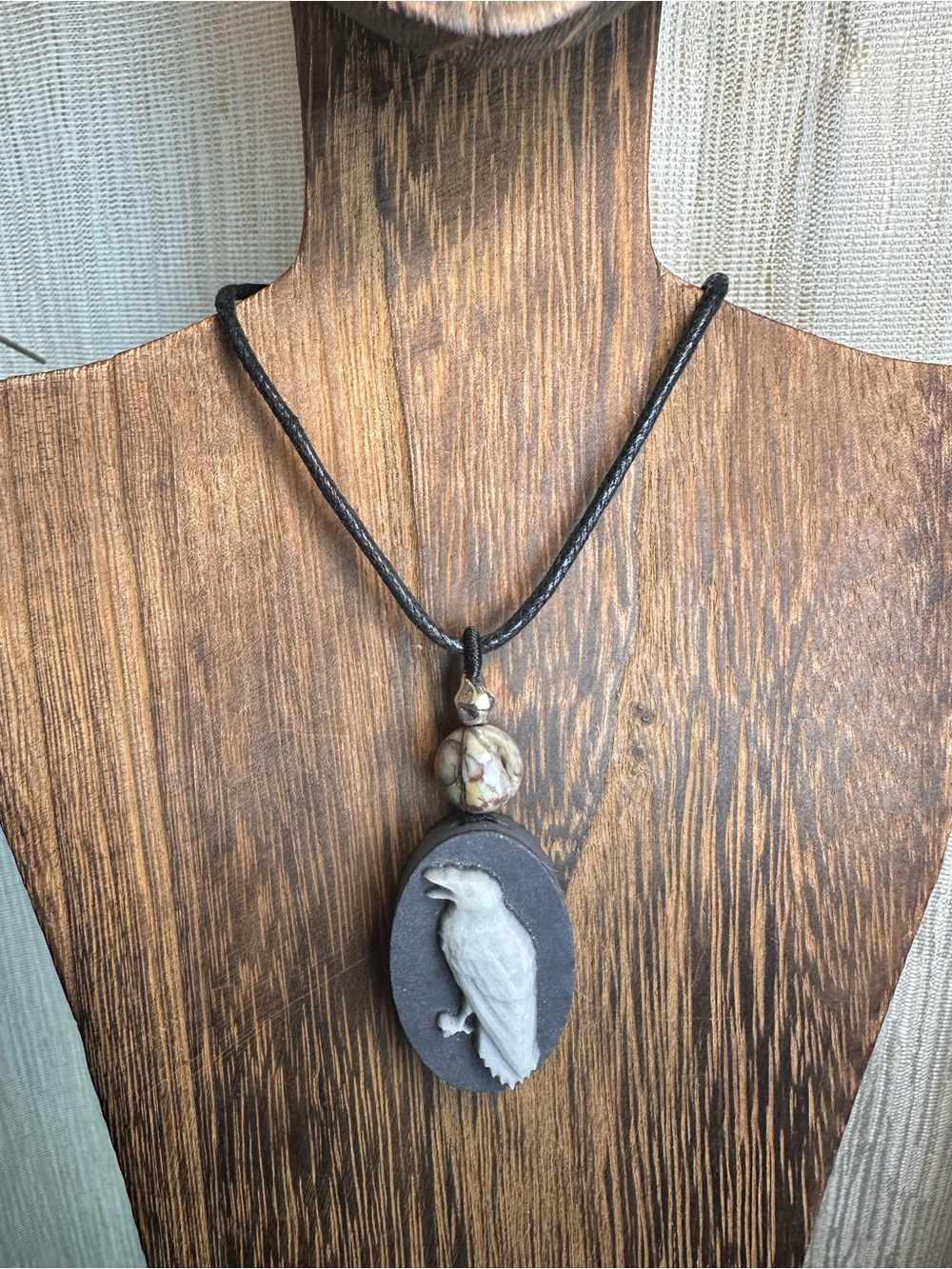 Handcrafted Tai Chi Stone Raven Pendant Necklace on Black Rope - Picture 3 of 11